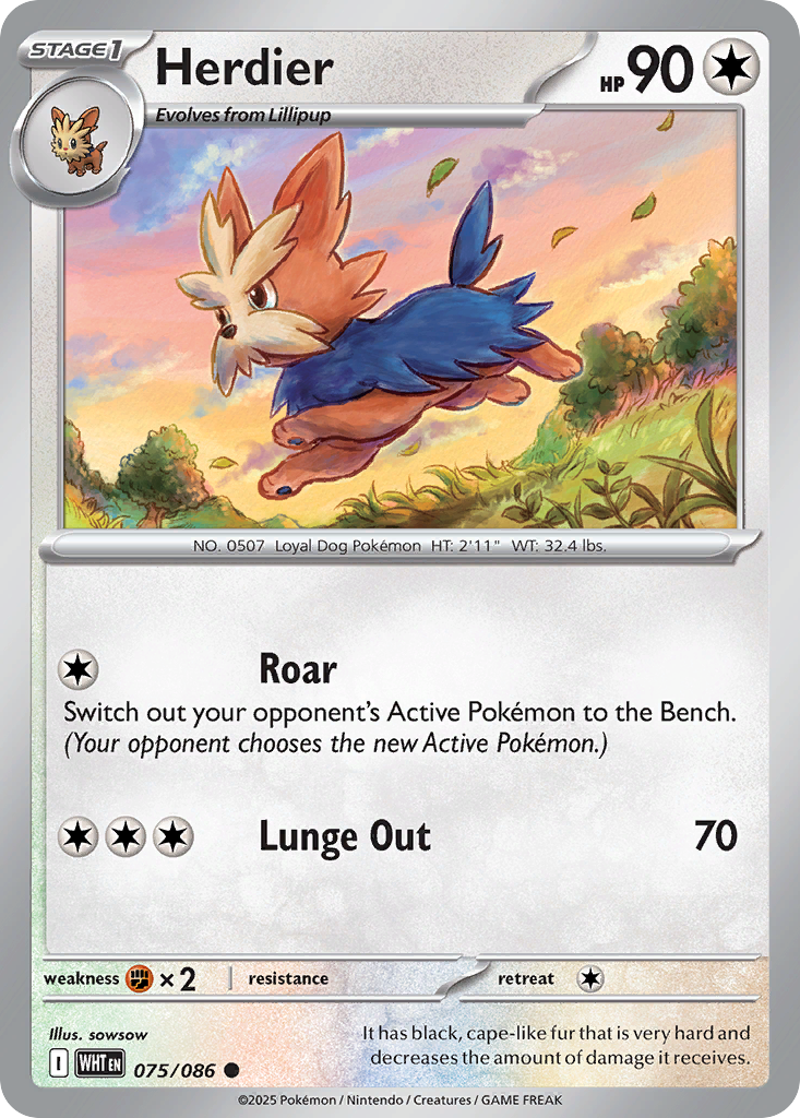 Losse Pokemonkaart 075/086 - Herdier - White Flare - [Common] - Poke Ball Reverse Holo