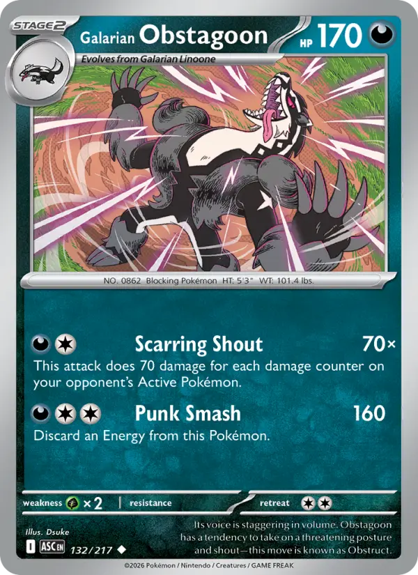 Losse Pokémonkaart 132/217 - Galarian Obstagoon - Ascended Heroes - [Uncommon] - Energy Reverse Holo