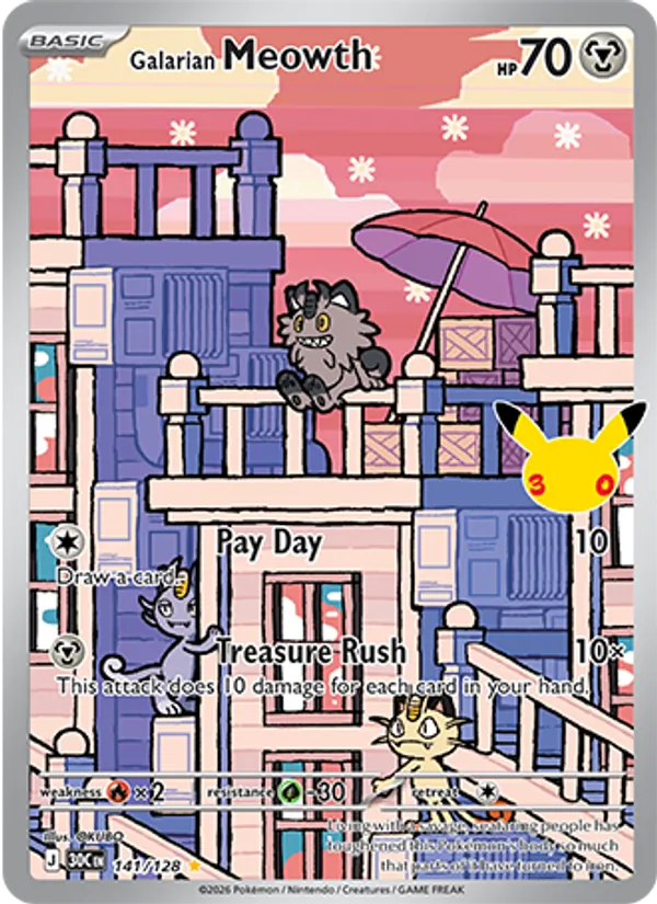Losse Pokémonkaart 141/128 - Galarian Meowth - 30th Celebration - [Illustration rare]