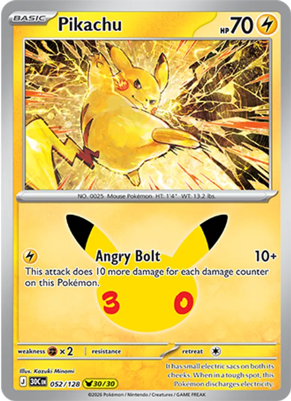 Losse Pokémonkaart 052/128 - Pikachu - 30th Celebration - [Pikachu Rare]
