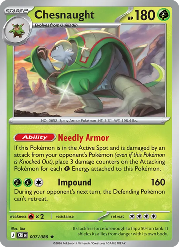 Losse Pokémonkaart 007/086 - Chesnaught - Chaos Rising - [Rare] - Reverse Holo