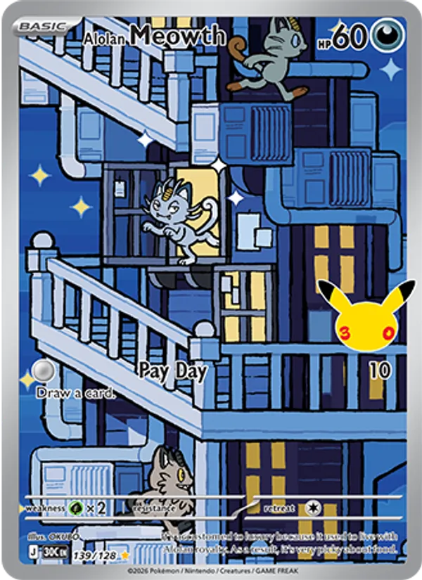 Losse Pokémonkaart 139/128 - Alolan Meowth - 30th Celebration - [Illustration rare]