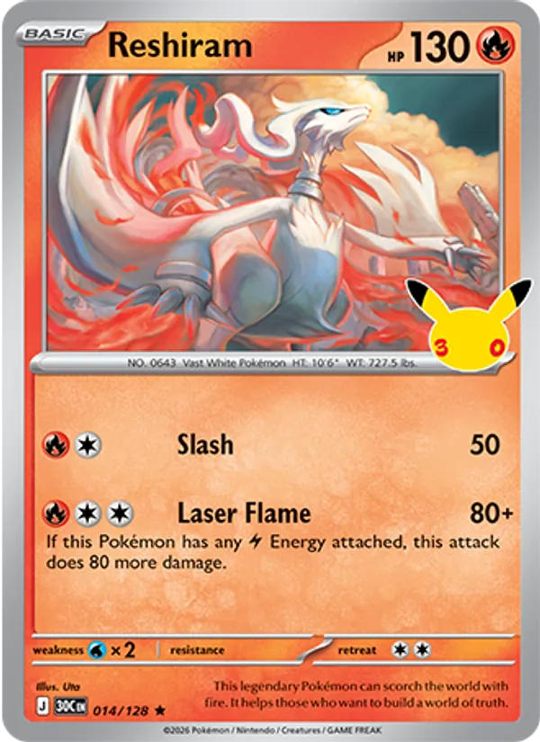 Losse Pokémonkaart 014/128 - Reshiram - 30th Celebration - [Rare]