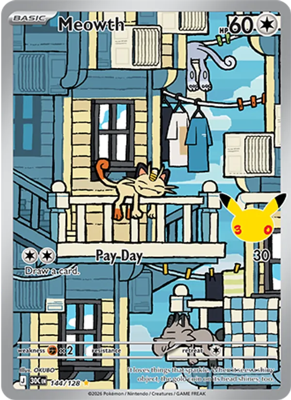 Losse Pokémonkaart 144/128 - Meowth - 30th Celebration - [Illustration rare]