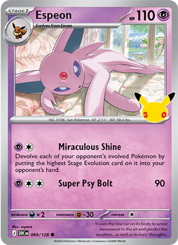 Losse Pokémonkaart 069/128 - Espeon - 30th Celebration - [Common]