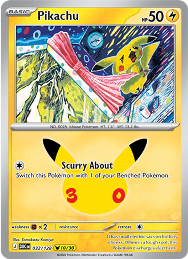 Losse Pokémonkaart 032/128 - Pikachu - 30th Celebration - [Pikachu Rare]