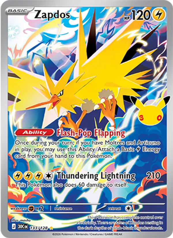 Losse Pokémonkaart 133/128 - Zapdos - 30th Celebration - [Illustration rare]