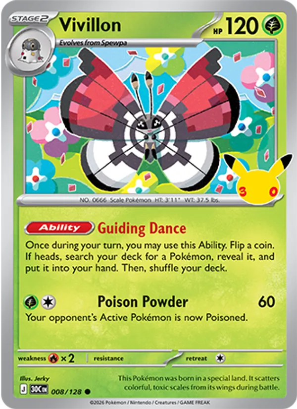 Losse Pokémonkaart 008/128 - Vivillon - 30th Celebration - [Common]