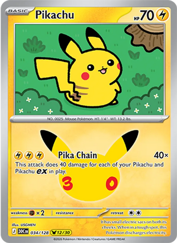 Losse Pokémonkaart 034/128 - Pikachu - 30th Celebration - [Pikachu Rare]