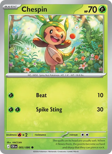 Losse Pokémonkaart 005/086 - Chespin - Chaos Rising - [Common] - Reverse Holo