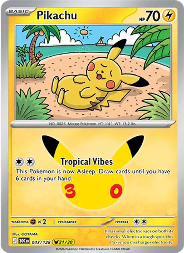 Losse Pokémonkaart 043/128 - Pikachu - 30th Celebration - [Pikachu Rare]