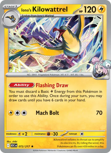 Losse Pokémonkaart 072/217 - Iono's Kilowattrel - Ascended Heroes - [Rare] - Pokeball Reverse Holo