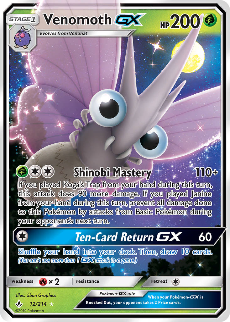 Pokémonkaart 012/214 - Venomoth-GX - Unbroken Bonds - [Rare Holo GX]