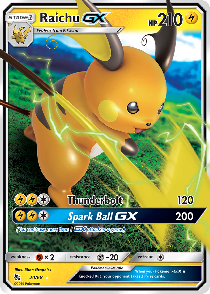 Pokémonkaart 020/068 - Raichu-GX - Hidden Fates - [Rare Holo GX]