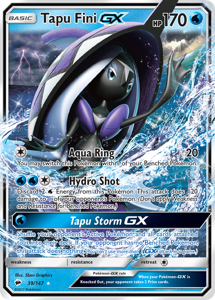 Pokémonkaart 039/147 - Tapu Fini-GX - Burning Shadows - [Rare Holo GX]