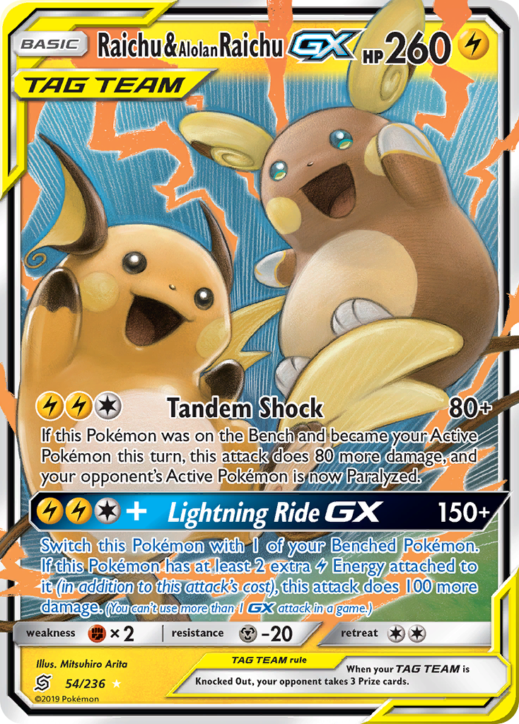 Pokémonkaart 054/236 - Raichu & Alolan Raichu-GX - Unified Minds - [Rare Holo GX]